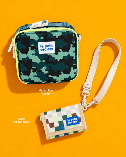 Petit Pair bundle: Munch Mini in Camo and Wallet in Arcade Sand