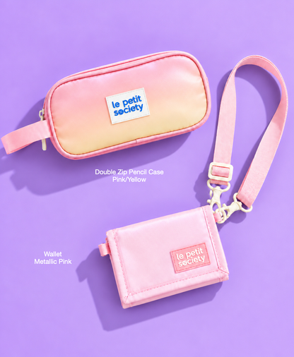 Petit Pair bundle: Double Zip Pencil Case in Pink/Yellow and Wallet in Metallic Pink