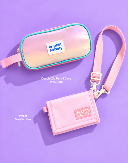 Petit Pair bundle: Double Zip Pencil Case in Pink/Gold and Wallet in Metallic Pink