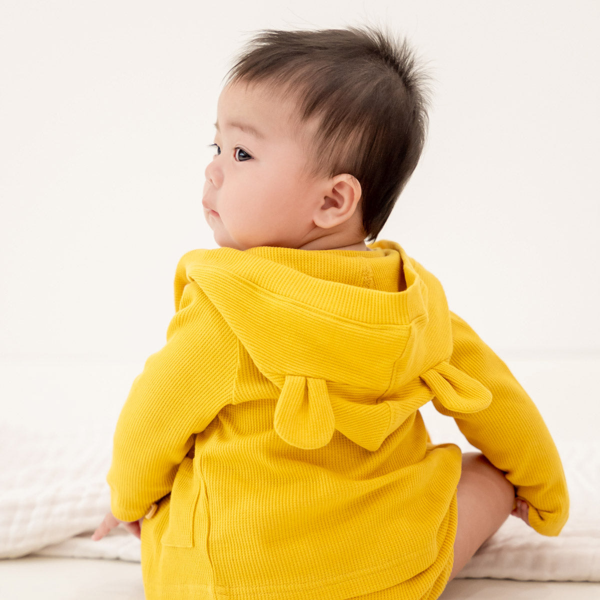 Baby Bear Cardigan in Marigold Waffle Jersey by Le Petit Society — image 2