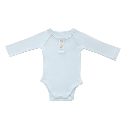 Baby Long Sleeve Romper in Baby Blue Waffle Jersey by Le Petit Society — image 8