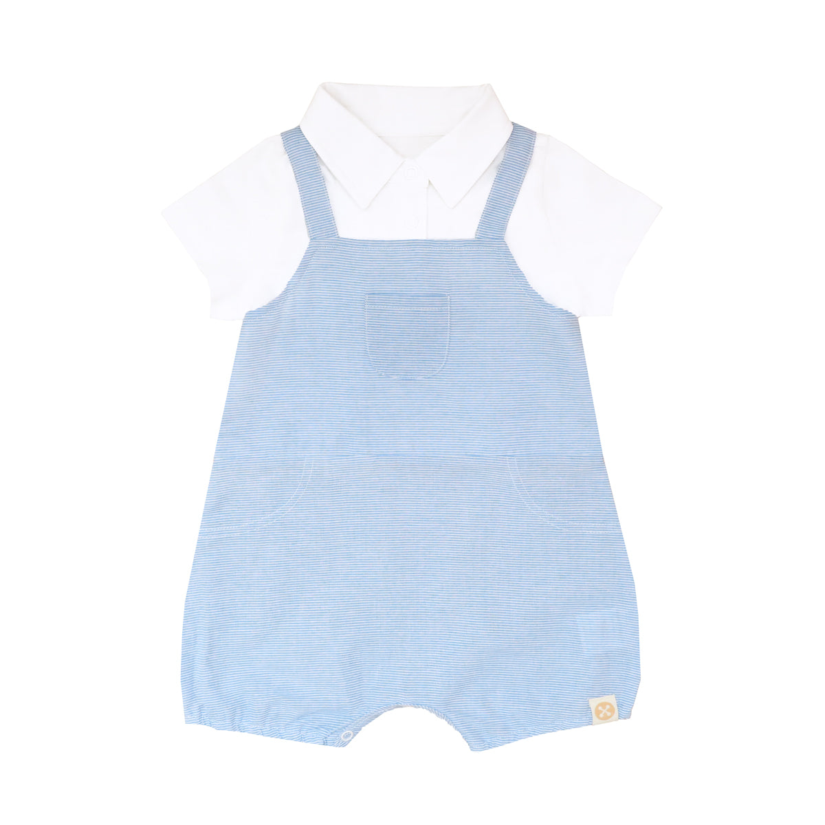 A baby boy overalls in blue stripes from Le Petit Society. It comes with snap closures down the front and in between the legs for easy changing.