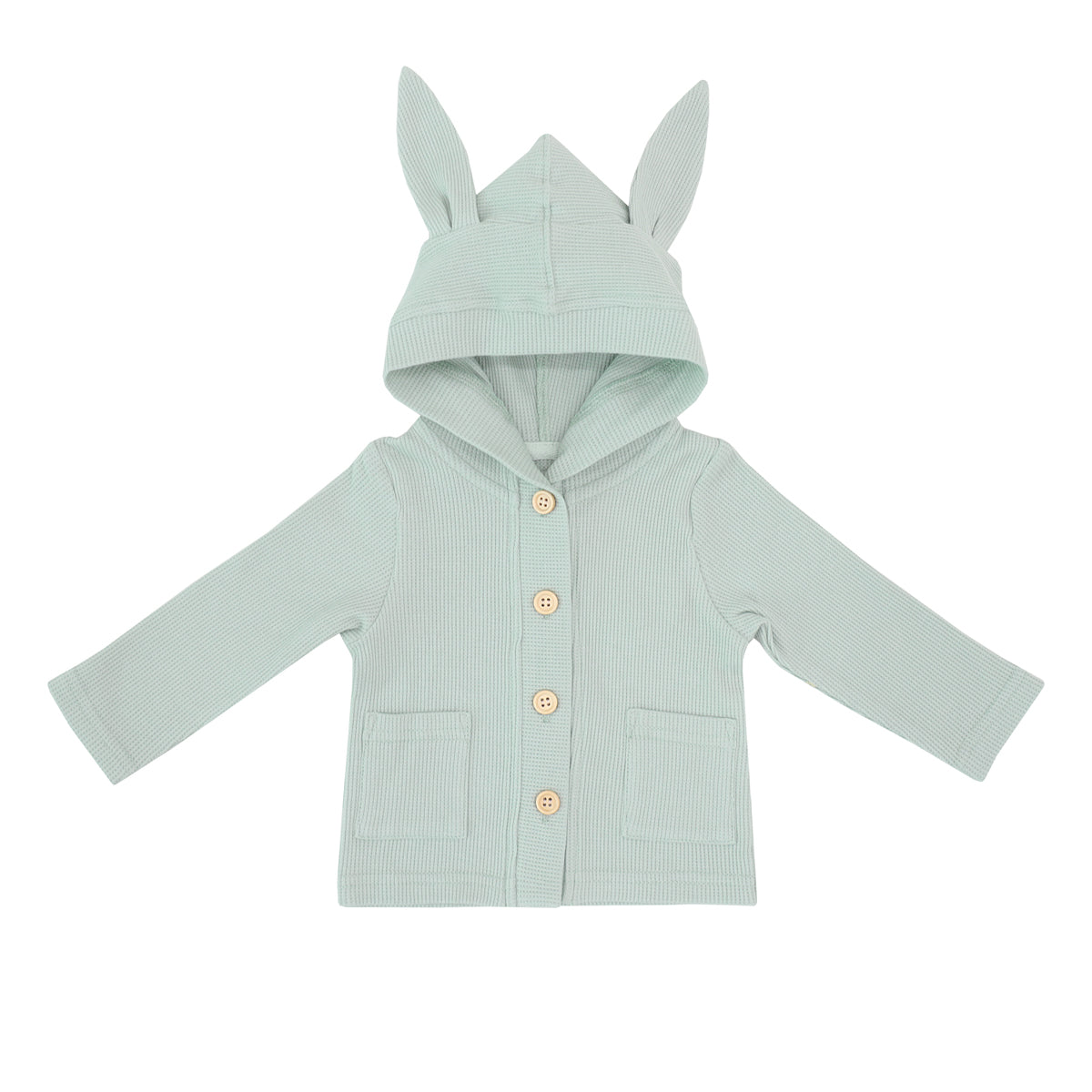 A sage green baby cardigan from Le Petit Society. Made with waffle jersey fabric, it also comes with bunny ears on the hood and two front pockets.