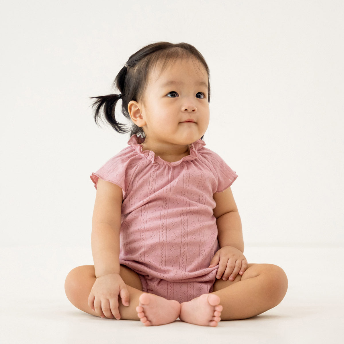Baby Girl Bubble Romper in Plum Pointelle Cotton by Le Petit Society — image 2
