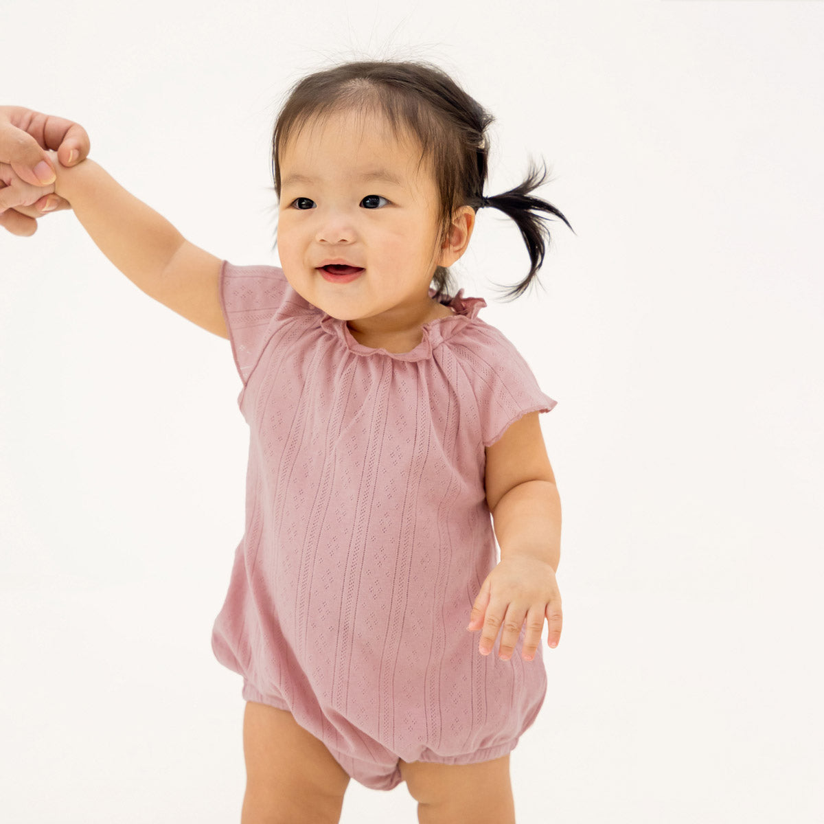 Baby Girl Bubble Romper in Plum Pointelle Cotton by Le Petit Society — image 3