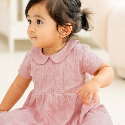 A baby girl wearing a plum-coloured, pointelle cotton dress with a peter pan collar from Le Petit Society.