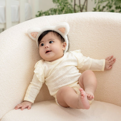 Baby Girl Long Sleeve Ruffle Romper in Cream Pointelle Cotton by Le Petit Society — image 2