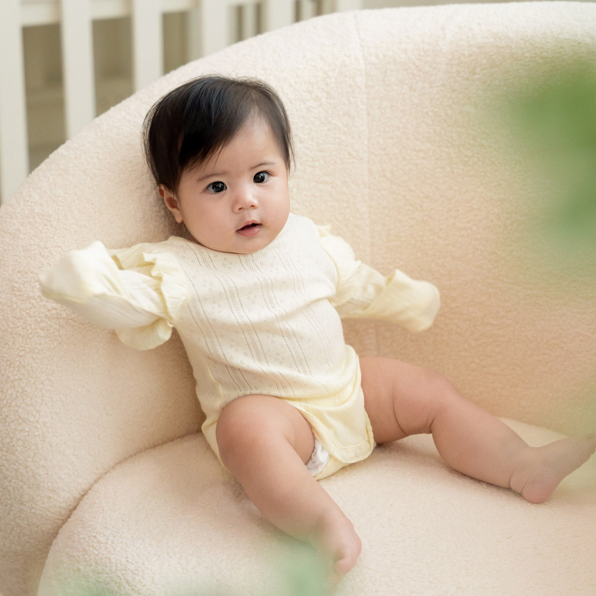 Baby Girl Long Sleeve Ruffle Romper in Cream Pointelle Cotton by Le Petit Society — image 5