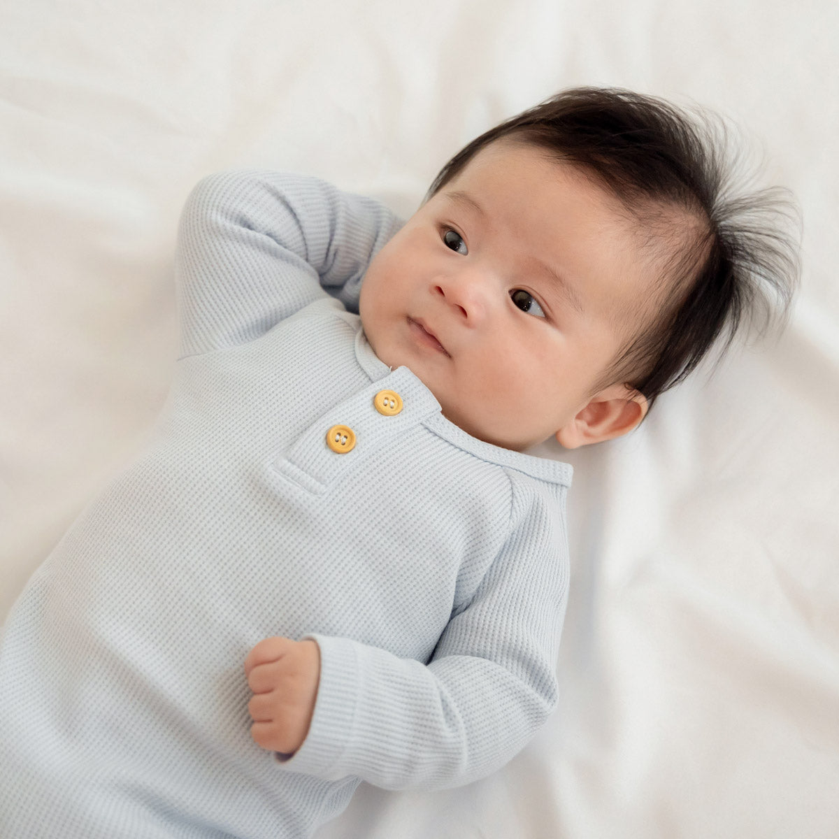 Baby Long Sleeve Romper in Baby Blue Waffle Jersey by Le Petit Society — image 4