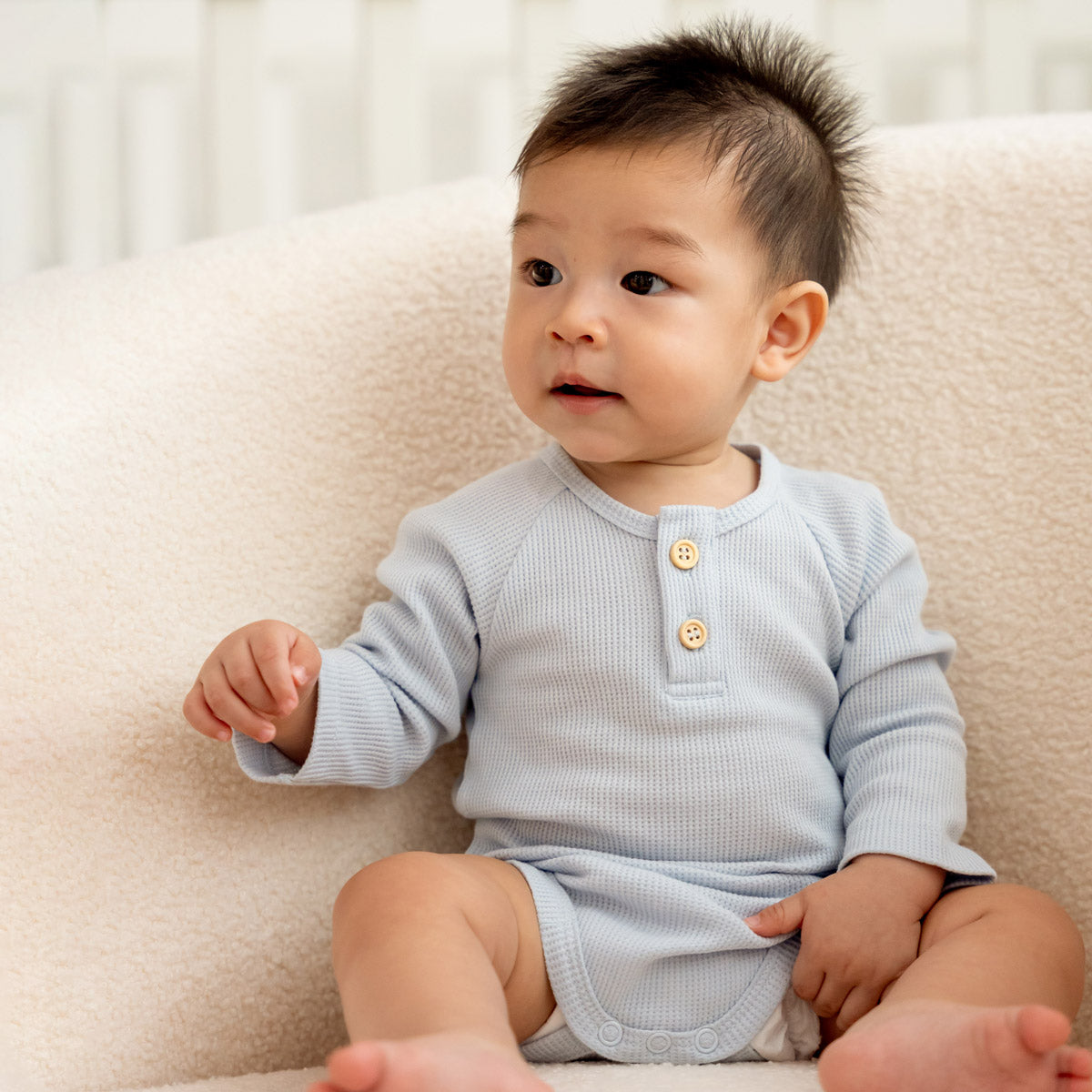Baby Long Sleeve Romper in Baby Blue Waffle Jersey by Le Petit Society — image 2
