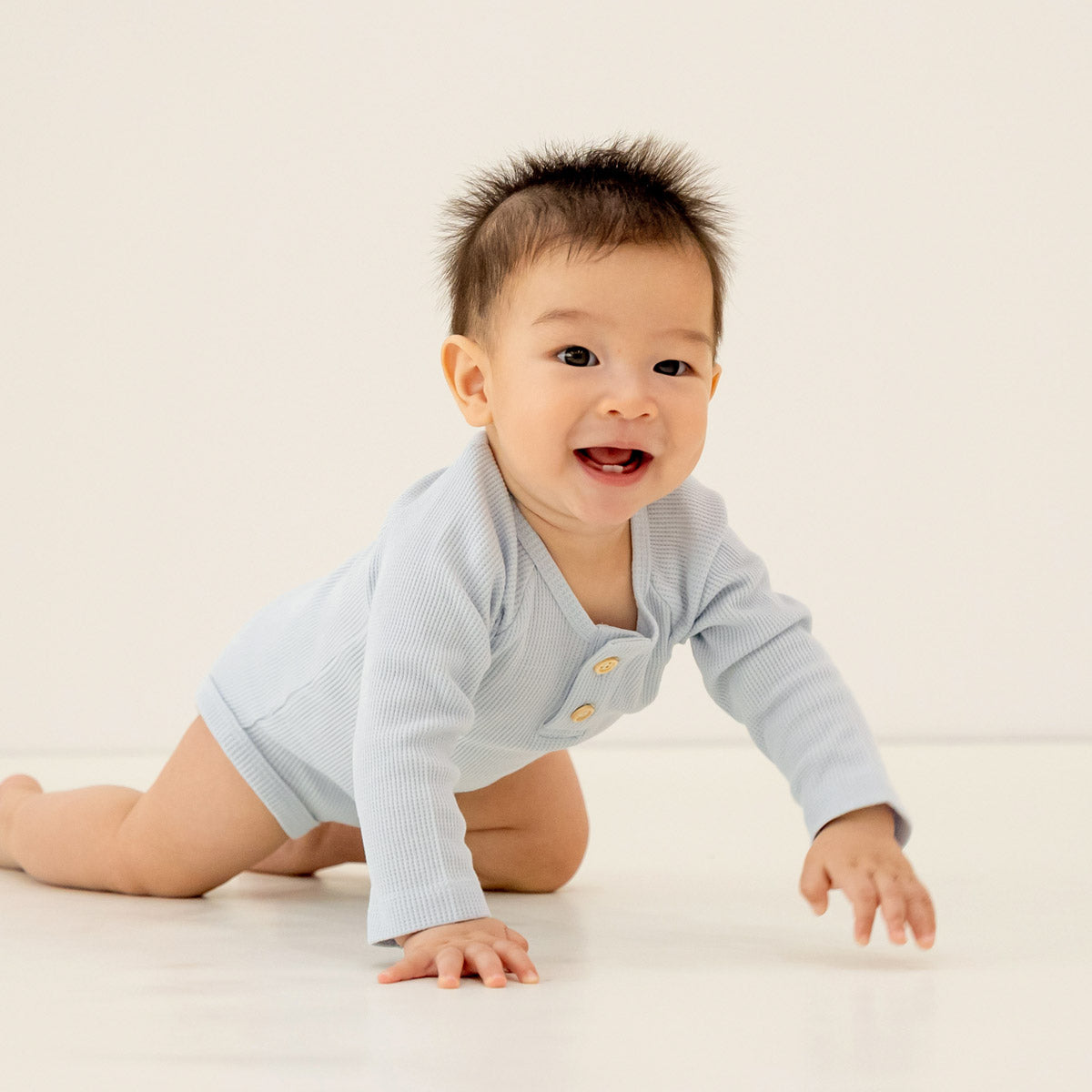 Baby Long Sleeve Romper in Baby Blue Waffle Jersey by Le Petit Society — image 6