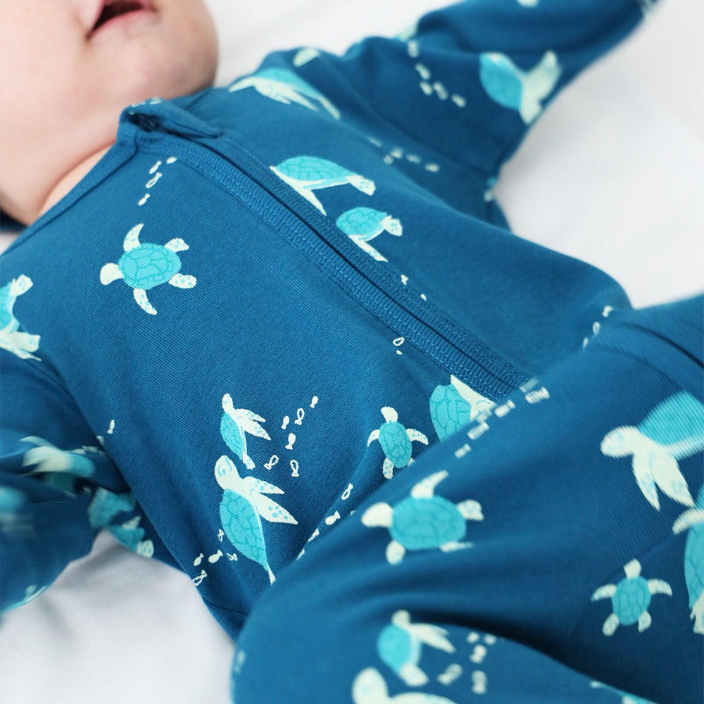 Baby Organic Zip Sleepsuit with Foldable Mittens & Footies in Turtle Print by Le Petit Society — image 3