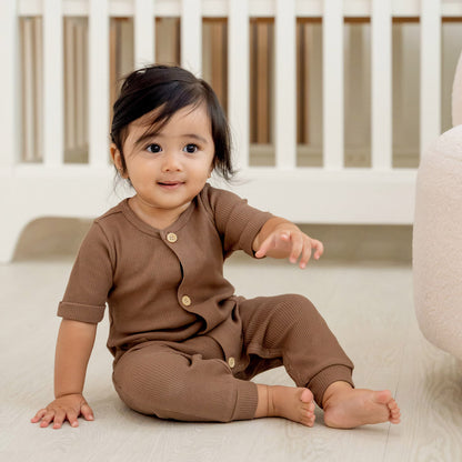 Baby Playsuit in Brown Waffle Jersey by Le Petit Society — image 2