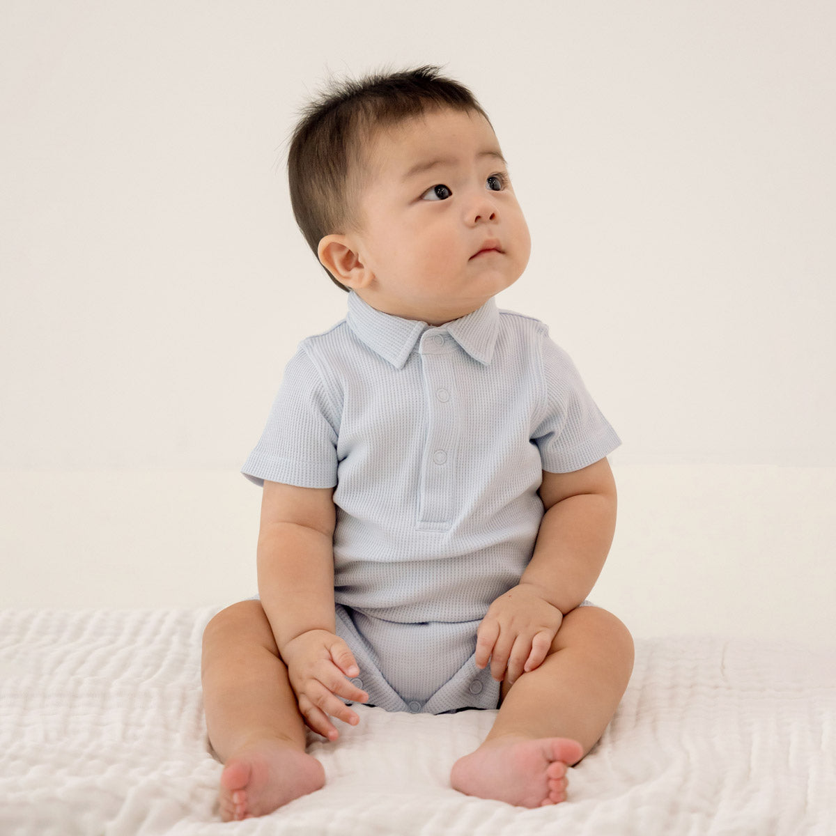 Baby Polo Romper in Baby Blue Waffle Jersey by Le Petit Society — image 5