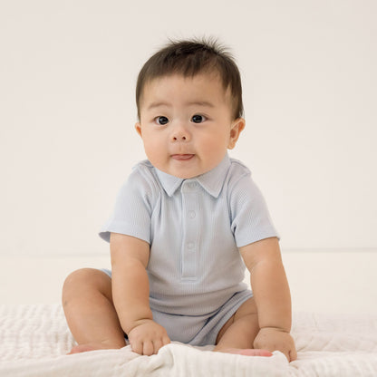 Baby Polo Romper in Baby Blue Waffle Jersey by Le Petit Society — image 2