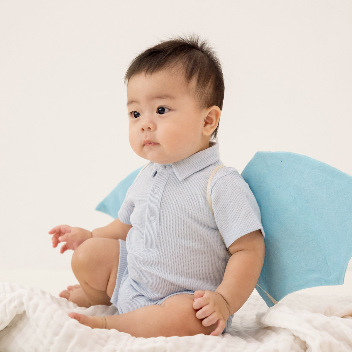 Baby Polo Romper in Baby Blue Waffle Jersey by Le Petit Society — image 4