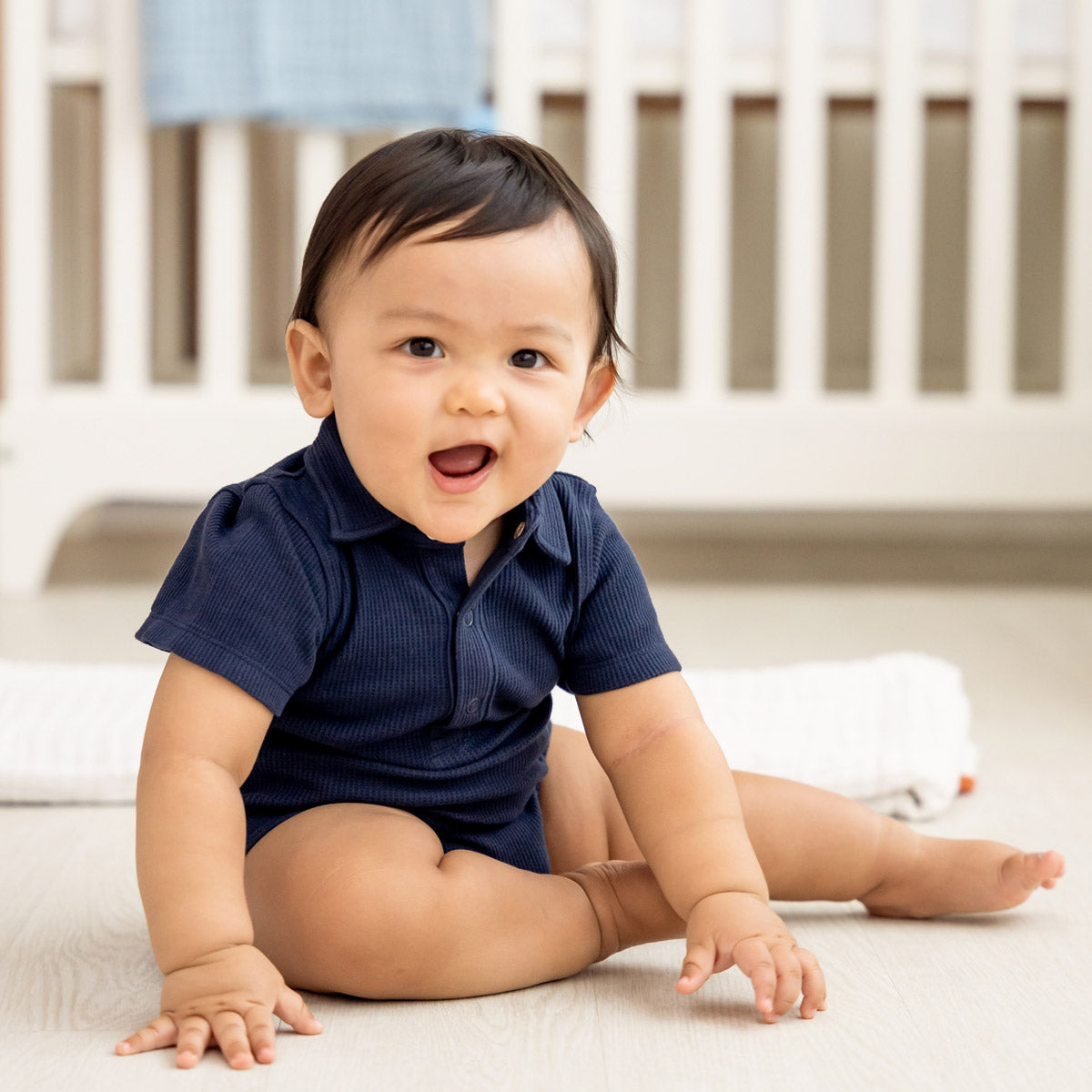 Baby Polo Romper in Navy Waffle Jersey by Le Petit Society — image 5