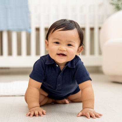 Baby Polo Romper in Navy Waffle Jersey by Le Petit Society — image 8