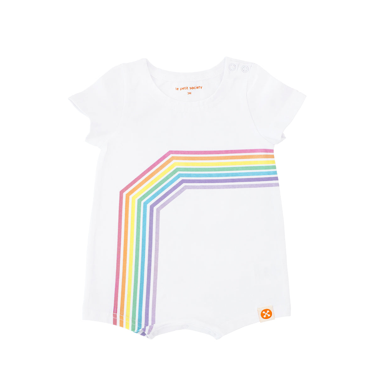 A white baby romper with a pastel print of the left arc of a rainbow from Le Petit Society's rainbow series.