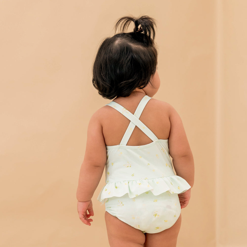 Baby Ruffle Swimsuit in Mint Floral by Le Petit Society — image 2