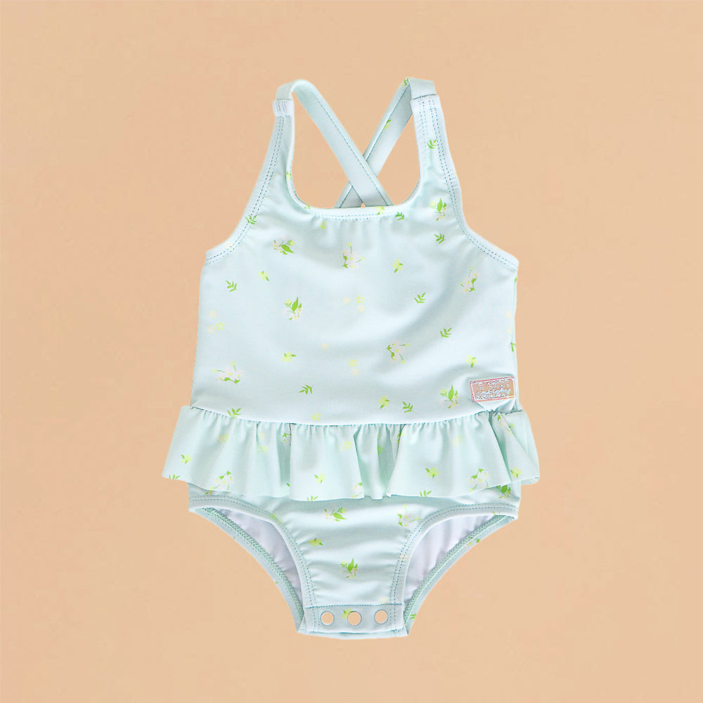 Baby Ruffle Swimsuit in Mint Floral by Le Petit Society — image 3