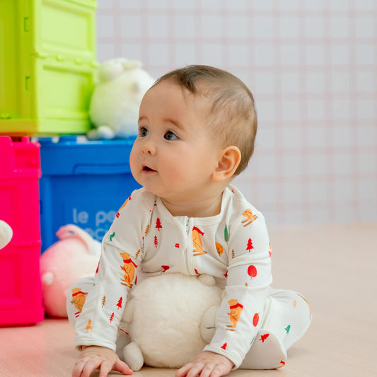 Baby Bamboo Sleepsuit in Ski Bear Print by Le Petit Society