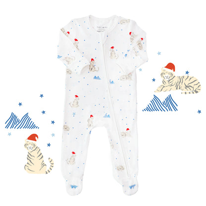 Baby Bamboo Sleepsuit in Snow Tiger Print by Le Petit Society