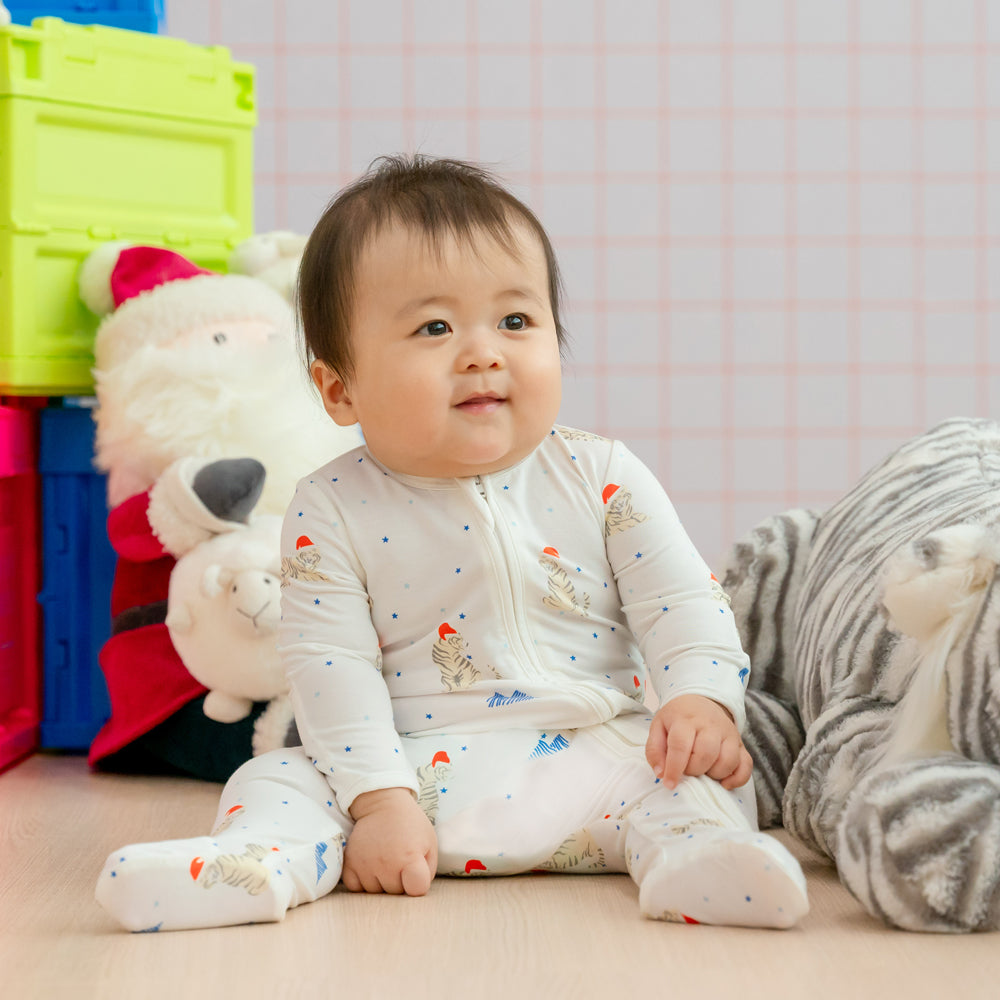 Baby Bamboo Sleepsuit in Snow Tiger Print by Le Petit Society — image 2