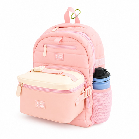 Single Pocket Backpack and Lunch Bag Bundle in Marshmallow Pink Puffer by Le Petit Society