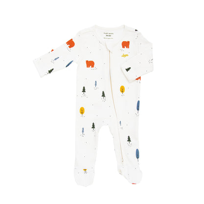 A white, organic baby zip sleepsuit with foldable mittens and footies by Le Petit Society, featuring a forest motif with brown bears.
