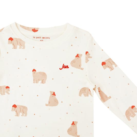 Kids Long Sleeve Organic Pyjamas Set in Christmas Bear Print (Personalisable) by Le Petit Society