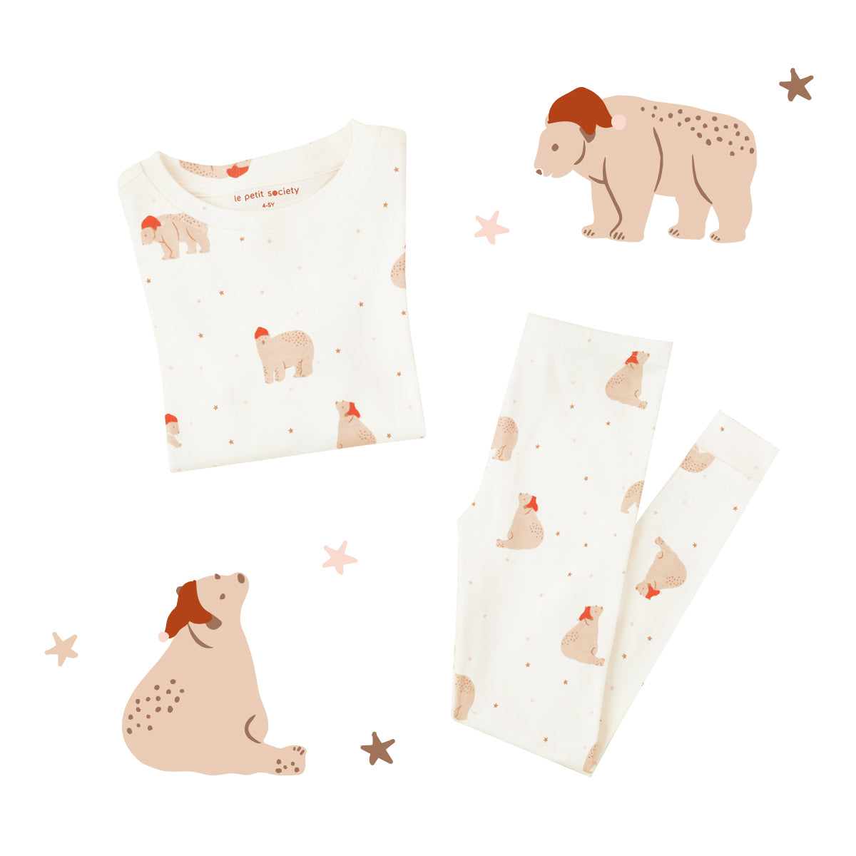 Kids Long Sleeve Organic Pyjamas Set in Christmas Bear Print (Personalisable) by Le Petit Society — image 2