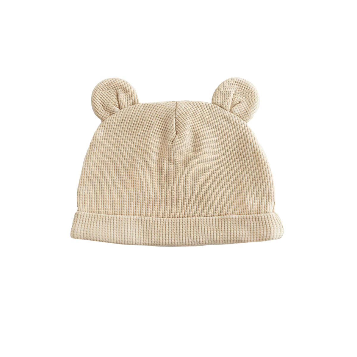 An organic baby bear hat in beige by Le Petit Society.