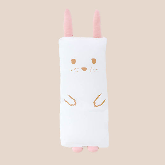 A kids' bamboo pillow with a pink bunny design in medium by Le Petit Society.