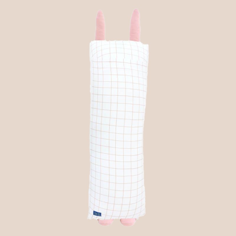 The back of a kids' bamboo pillow with a pink bunny design in large by Le Petit Society.