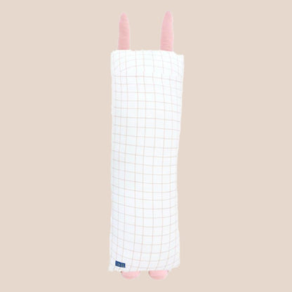 The back of a kids' bamboo pillow with a pink bunny design in large by Le Petit Society.