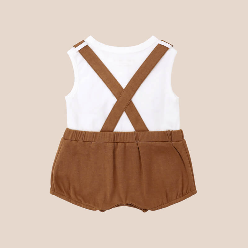An animal-themed baby romper by Le Petit Society, featuring brown cross back straps. 