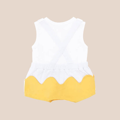 An animal-themed baby romper by Le Petit Society, featuring a duck's face at the front, complete with bright yellow bottoms and white cross back straps over a white base.