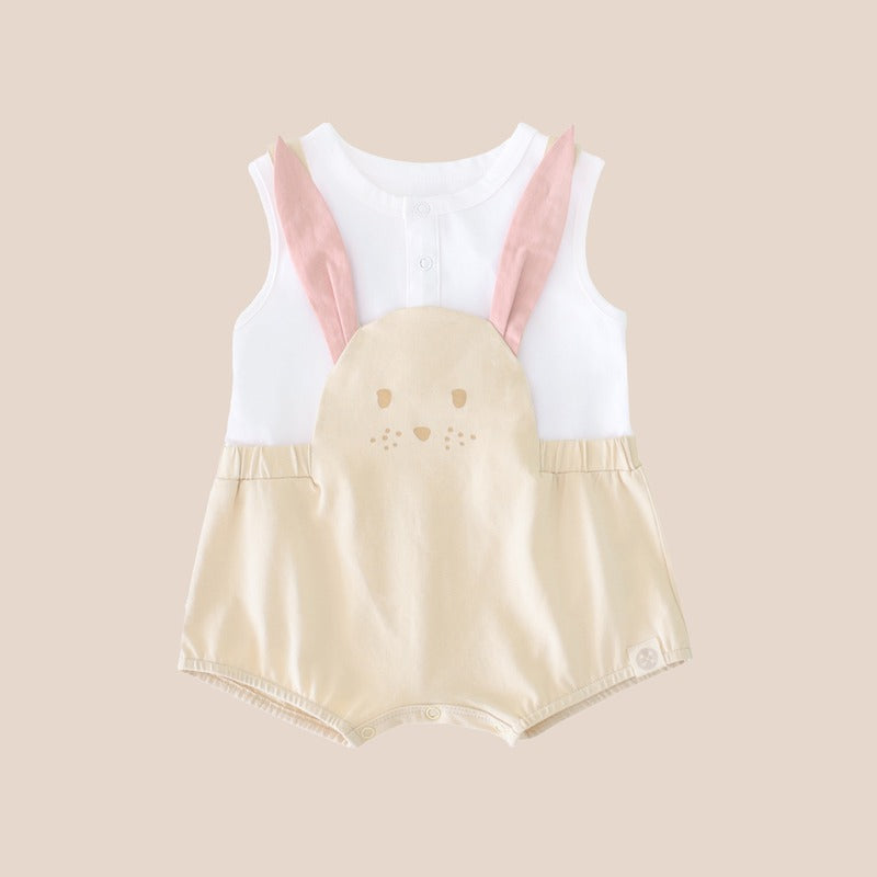 An animal-themed baby romper by Le Petit Society, featuring a rabbit's face in beige at the front, including a pair of pink ears and complete with beige bottoms over a white base.