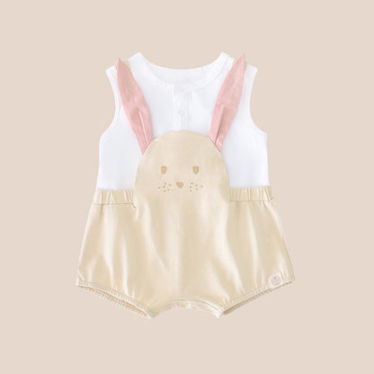 An animal-themed baby romper by Le Petit Society, featuring a rabbit's face in beige at the front, including a pair of pink ears and complete with beige bottoms over a white base.