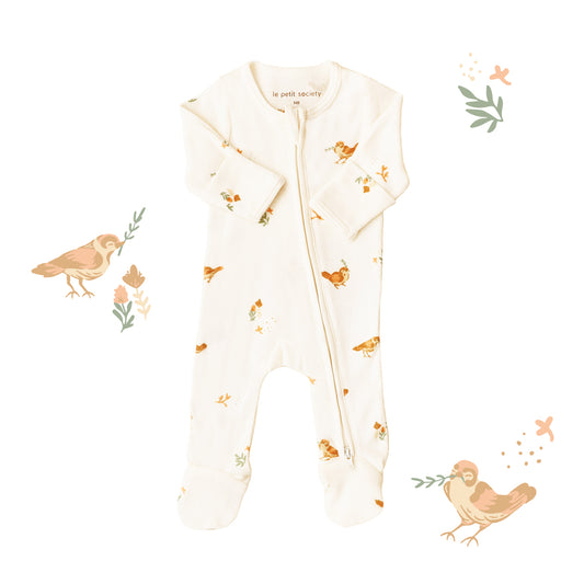 Baby Organic Zip Sleepsuit in Bird Print (Personalisable) by Le Petit Society