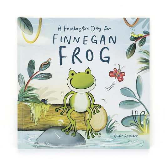 Children‚Äôs picture book cover titled 'A Fantastic Day for Finnegan Frog' by Clair Rossiter, featuring a smiling frog sitting on a log