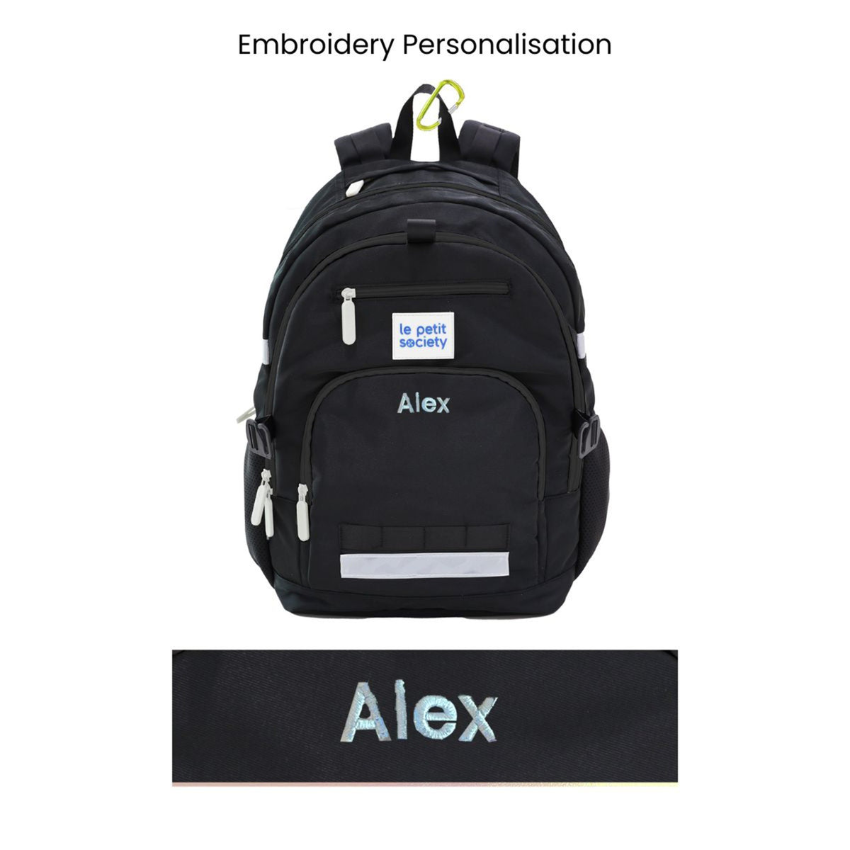 The LPS kids double pocket school bag in black with personalised name embroidery.