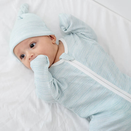 Baby Organic Zip Sleepsuit in Blue Stripes by Le Petit Society — image 2