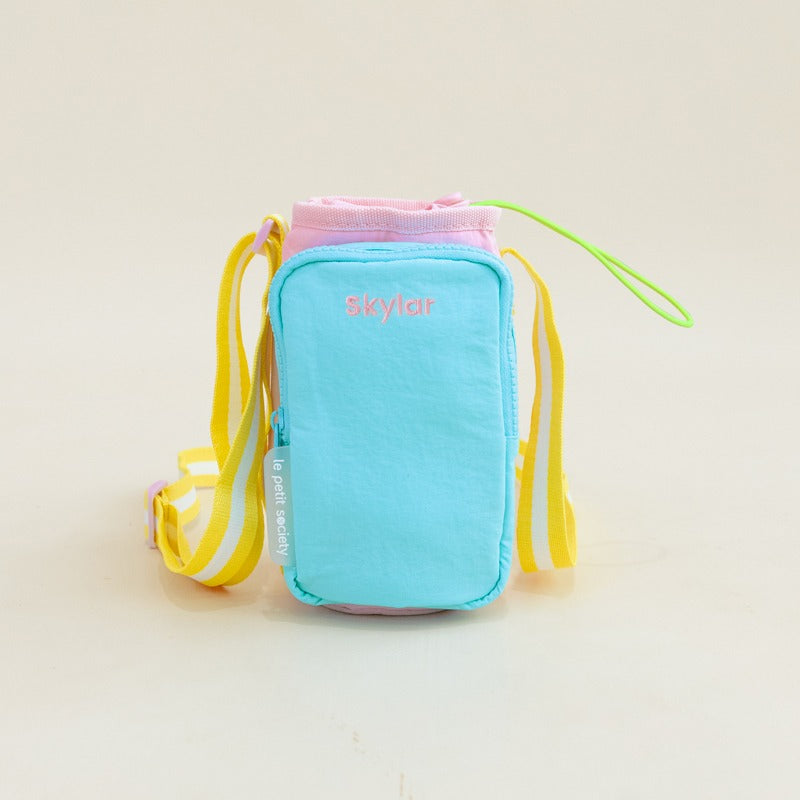 Personalised water bottle bag with custom name embroidery.