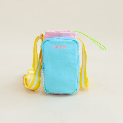 Personalised water bottle bag with custom name embroidery.