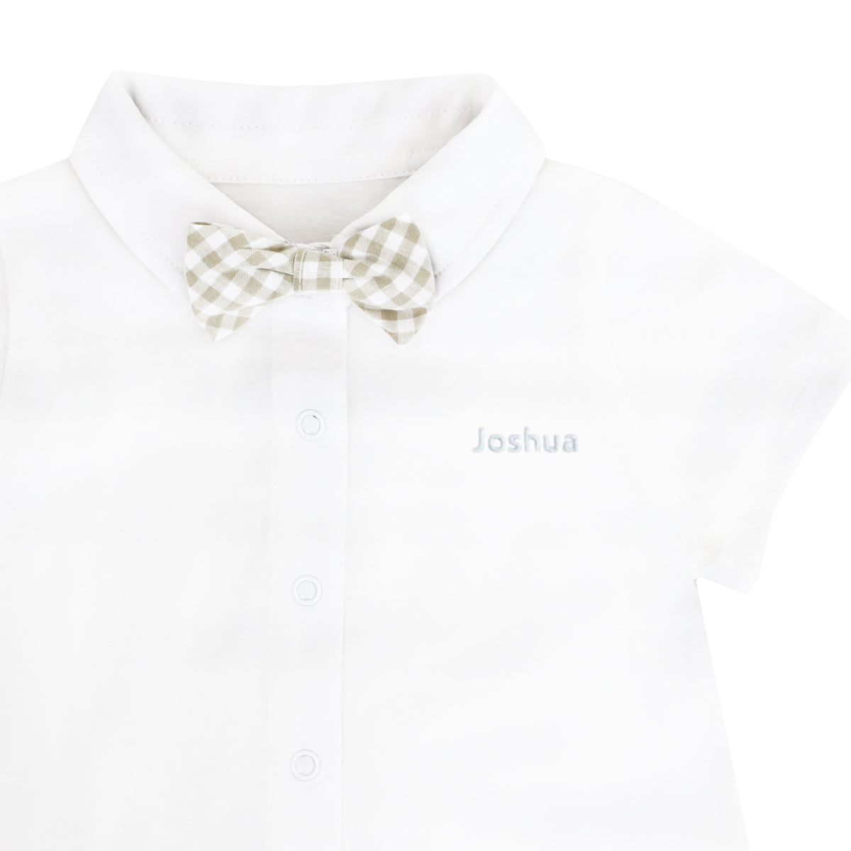 A baby boy bow tie romper with a beige gingham print and a name embroidery personalisation on the left chest.