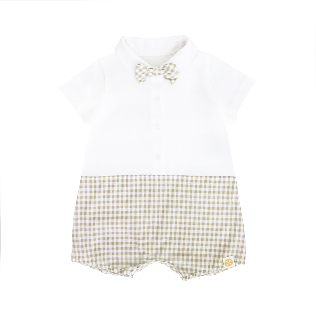 A baby boy romper in beige gingham from Le Petit Society. It comes with a detachable bow tie and snap closures down the front and in between the legs.