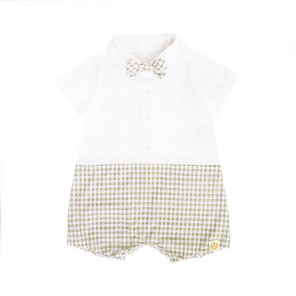 Baby Boy Bow Tie Romper in Beige Gingham by Le Petit Society — image 4