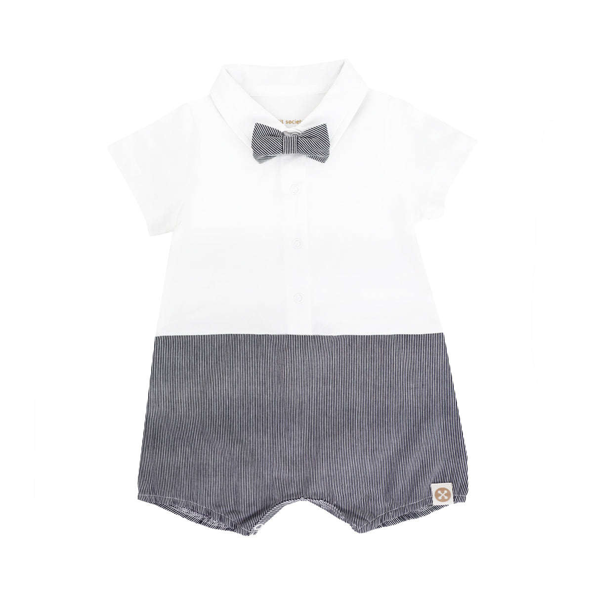 A baby boy romper in black stripes from Le Petit Society. It comes with a detachable bow tie and snap closures down the front and in between the legs.
